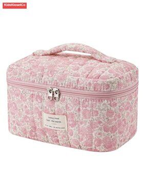 Quilted Makeup Bag for Women Travel Cosmetic Pouch Large Double Zipper